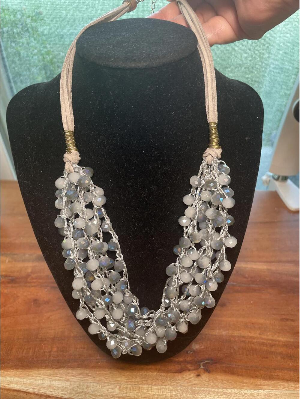 Vintage Multi Strand Weaved Blue Cord Clear Blue Bead Necklace